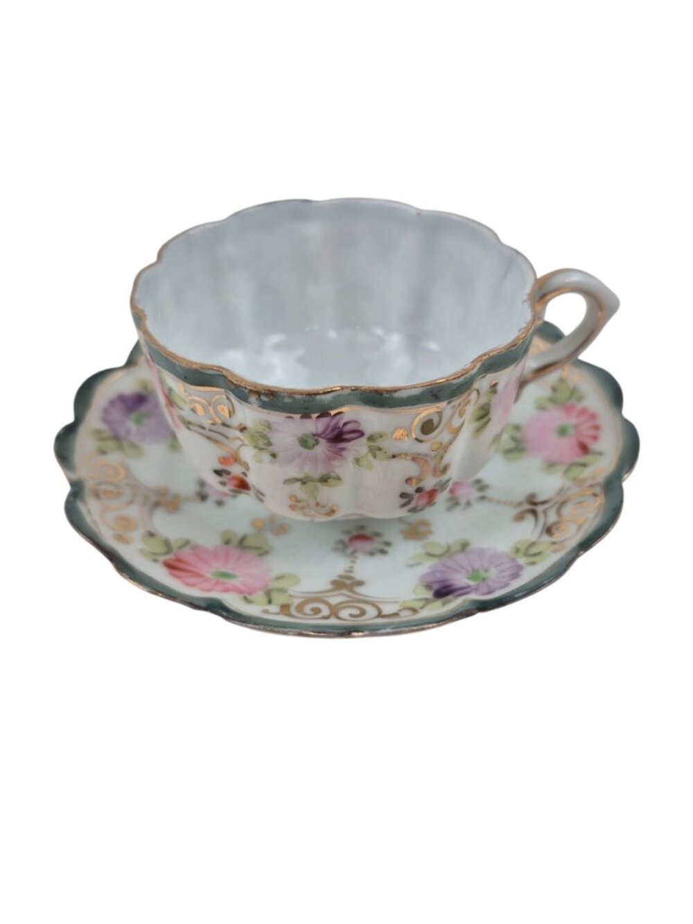 Tea Cup Saucer Set Porcelain Pink Purple Floral Design Green Trim Gold Accents - Picture 8 of 10